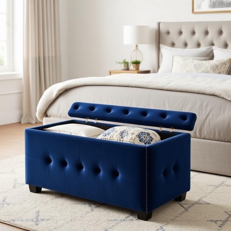 Navy Velvet Tufted Storage Box