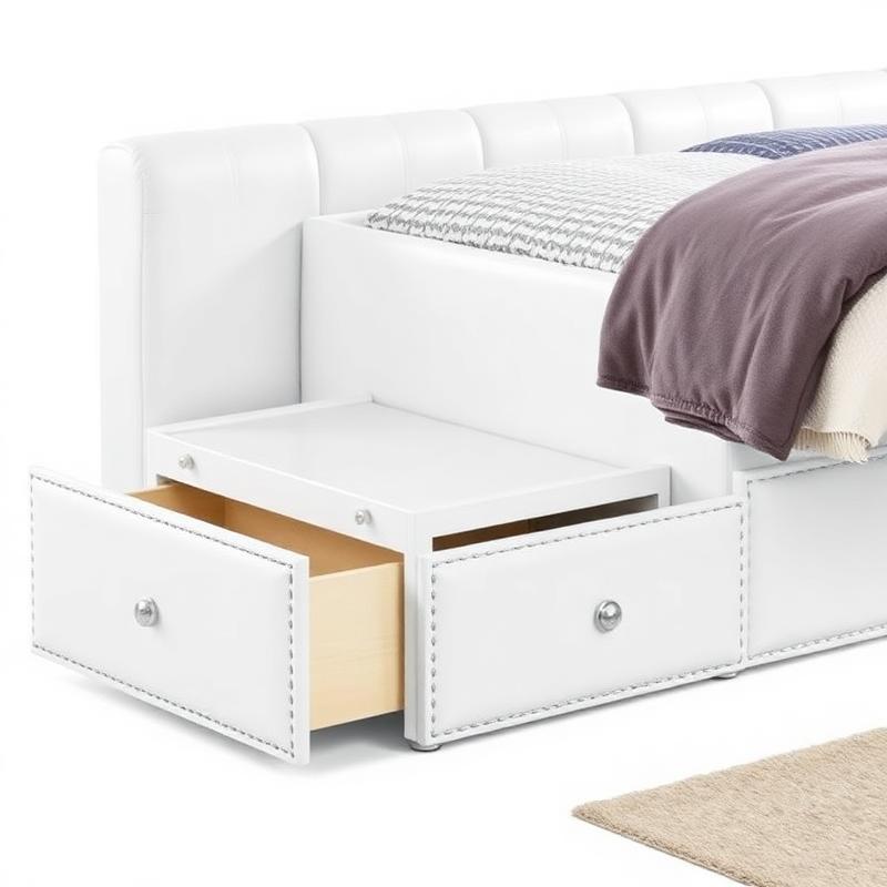 White Leather Side-Drawer Bed