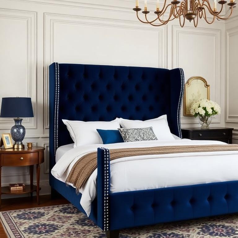 Navy Velvet Tufted Wing Bed