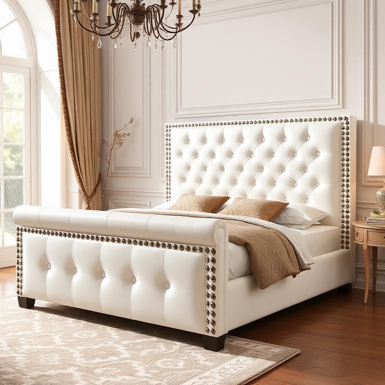 White Leather Studded Bed
